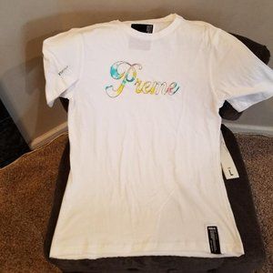 Preme tie dye embroidered applique logo white tee